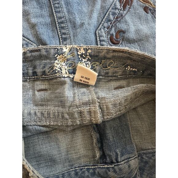 Kensie Denim Mini Skirt Raw Hem Size6 Vintage Embroidered Pockets Festival Boho - Picture 3 of 7